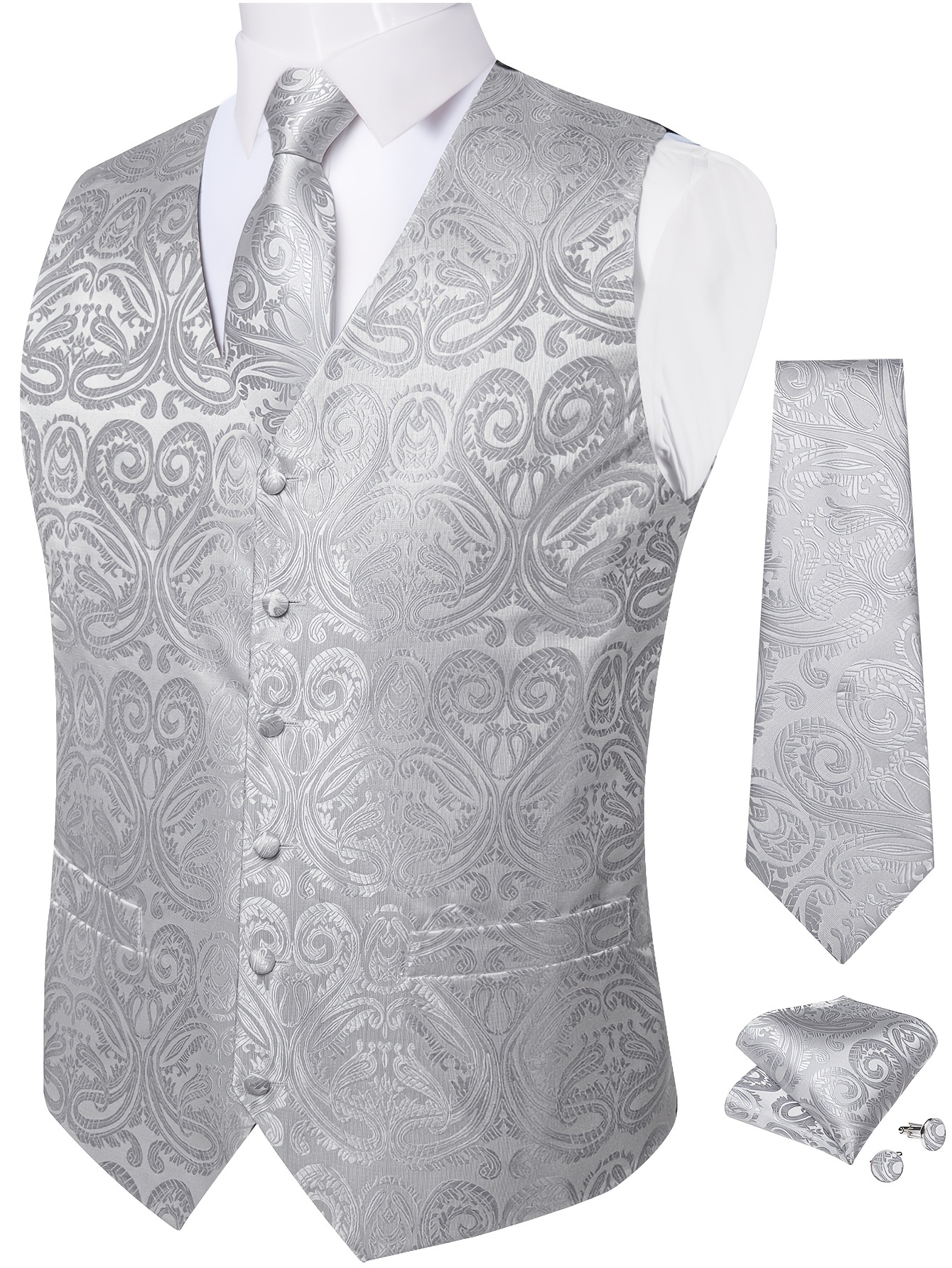 Black Paisley Fashion Vest For Man Wedding Business Luxury Men's Waistcoat Necktie Pocket Square Cufflinks Set