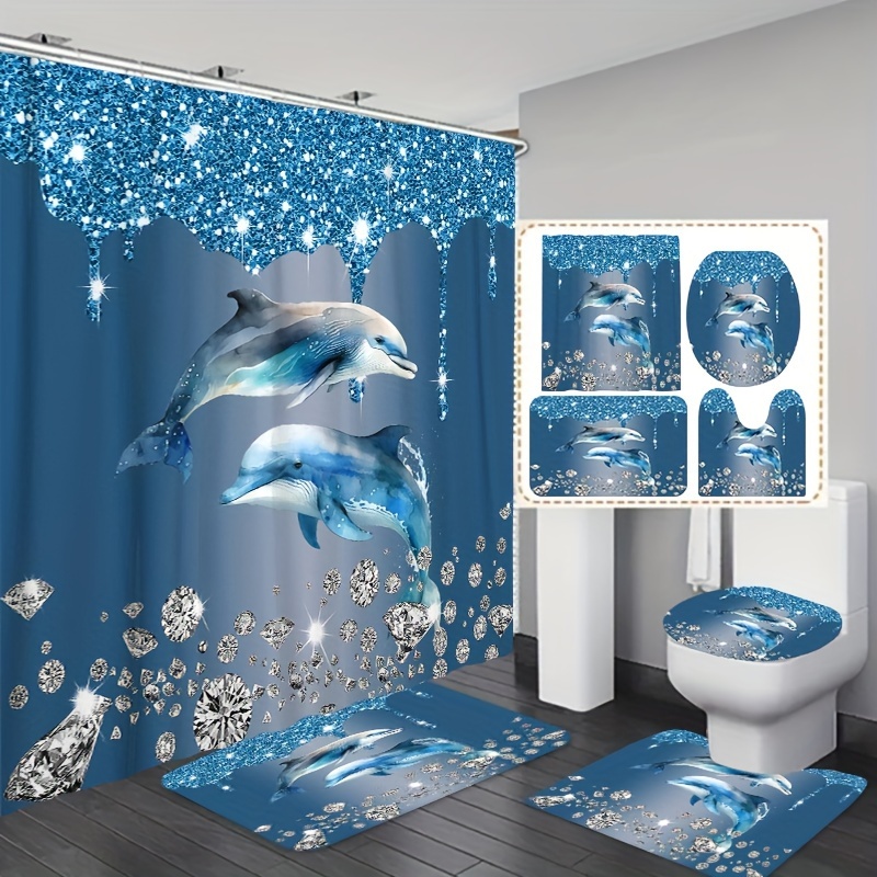 

1/3/4pcs Diamond Pattern Shower Curtain Set, Waterproof Bathroom Partition Curtain With Hooks, Non-slip Bath Rug, Toilet U-shape Mat, Toilet Lid Cover Mat, Bathroom Accessories