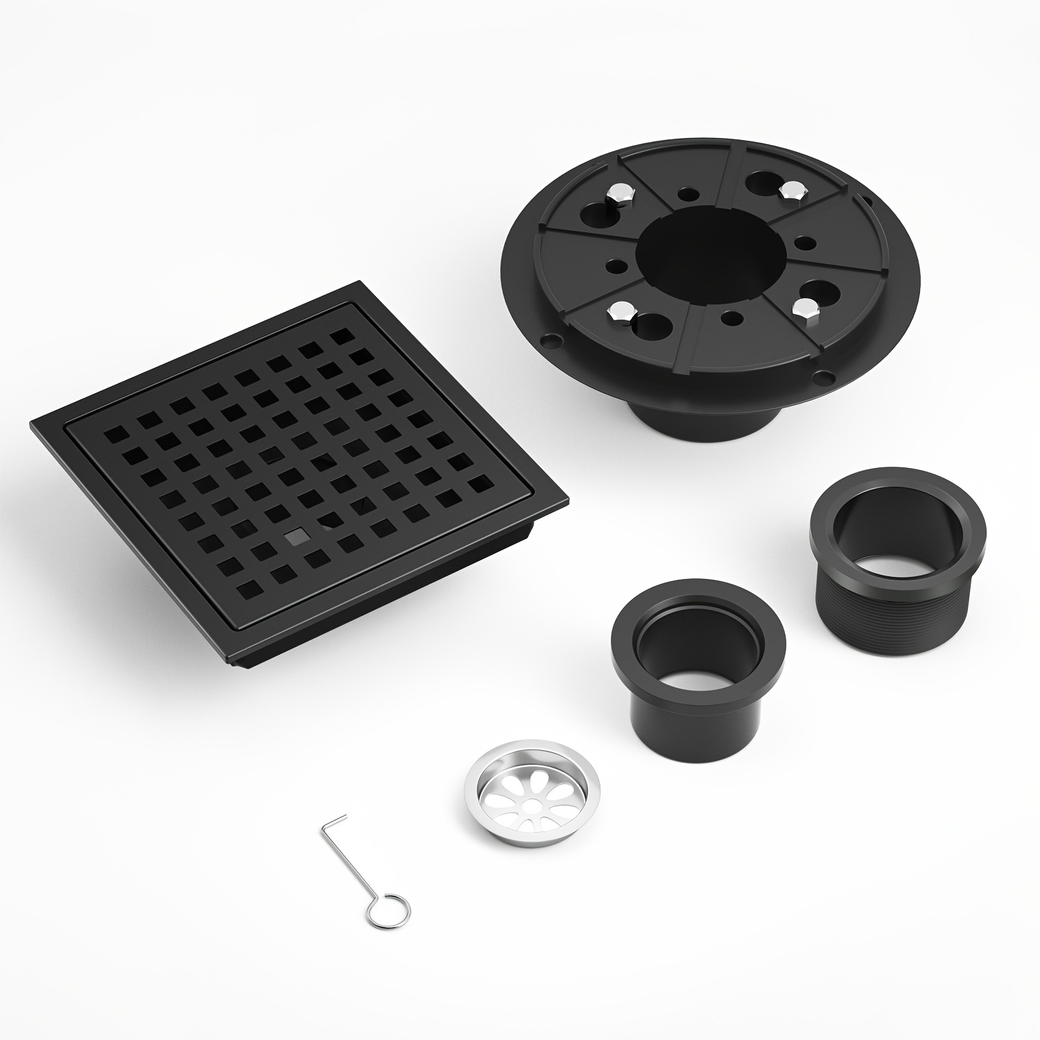 4 inch Matte Black Square Shower Drain with Hair Trap Set (3 Designs)