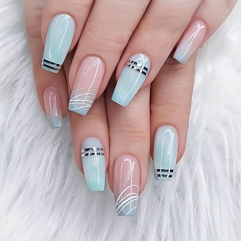 

24pcs Medium Length Coffin Shaped Nails Simple Gradient Green With White Irregular Lines For Women Summer Spring Daily