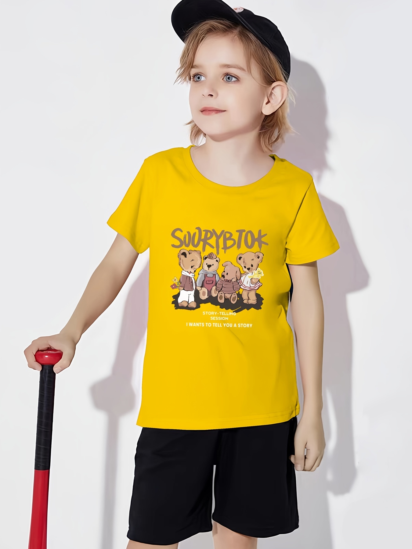 2pcs Kid Boy Letter Animal Bear Print Short-sleeve Yellow Tee and Black Shorts Set