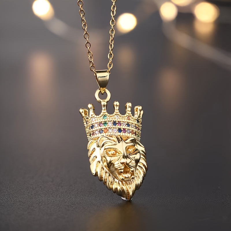 1pc Vintage Style Copper Rhinestone Lion Head Pendant Necklace for Men,Temu