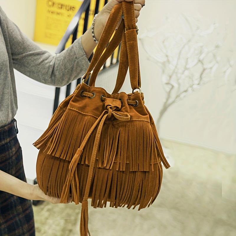 Tassel Decor Soft Crossbody Bag Drawstring Bucket Bag