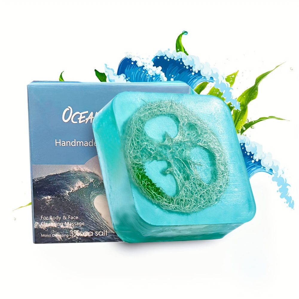 

1pc Sea Salt Loofah Essential Oil Cleansing Soap, Moisturizing And Illuminating Fragrance Soap, Handmade Soap For Facial And Body Cleaning, Deep Clean Pores, Oil Control, Smoothing And Soften Skin