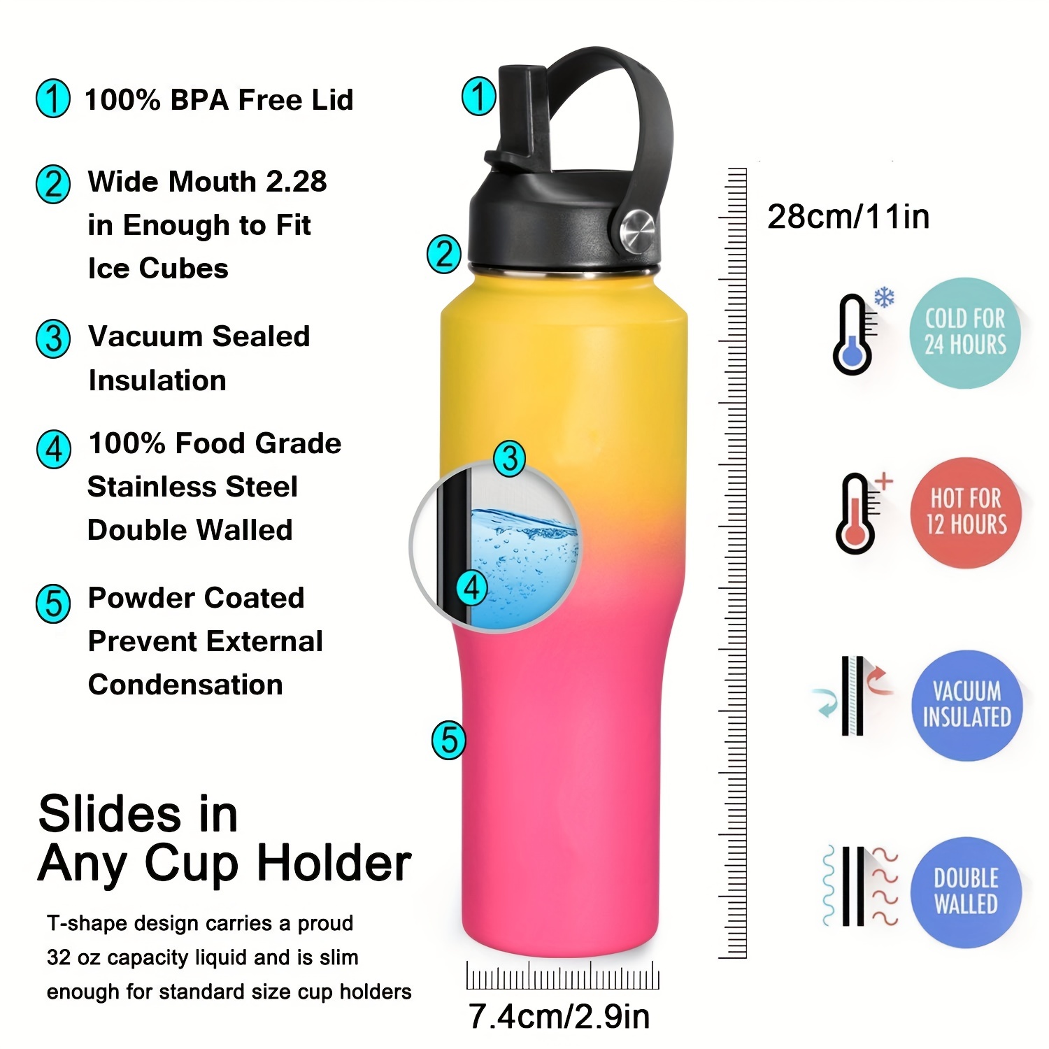 Insulated Water Bottle with Straw - Double Walled Stainless Steel Vacuum  Sealed 32 oz Tumbler - Keeps Hot and Cold for Hours