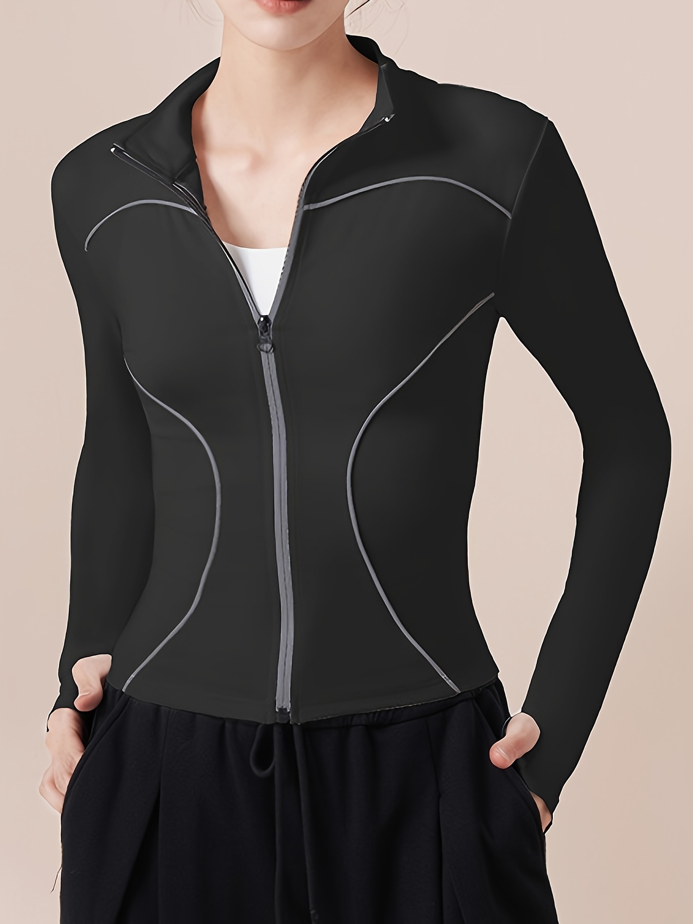 Women's Black Full zip Yoga Jacket Slim Fit Long Sleeve - Temu