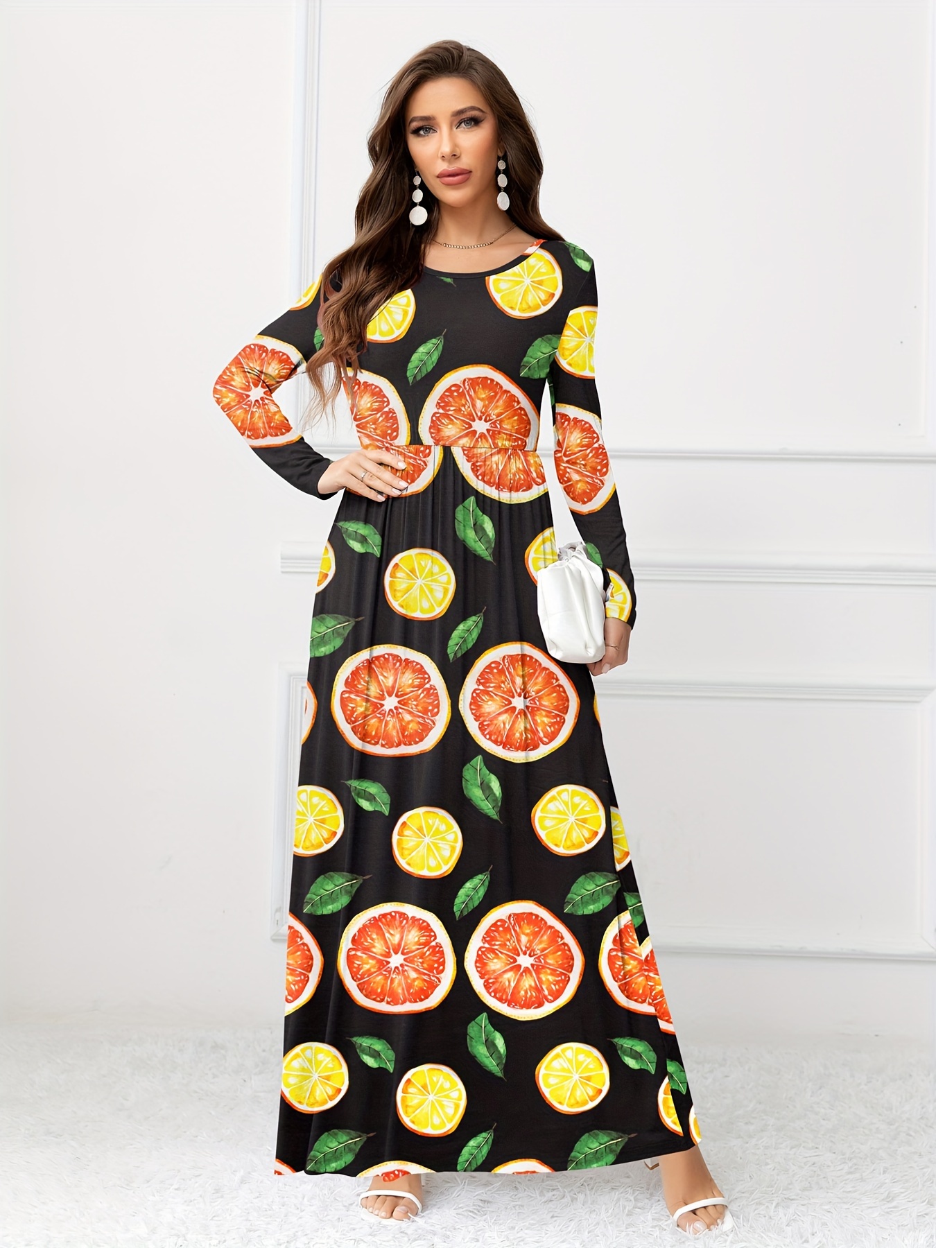 lemon fruit floral print high waist dress elegant crew neck