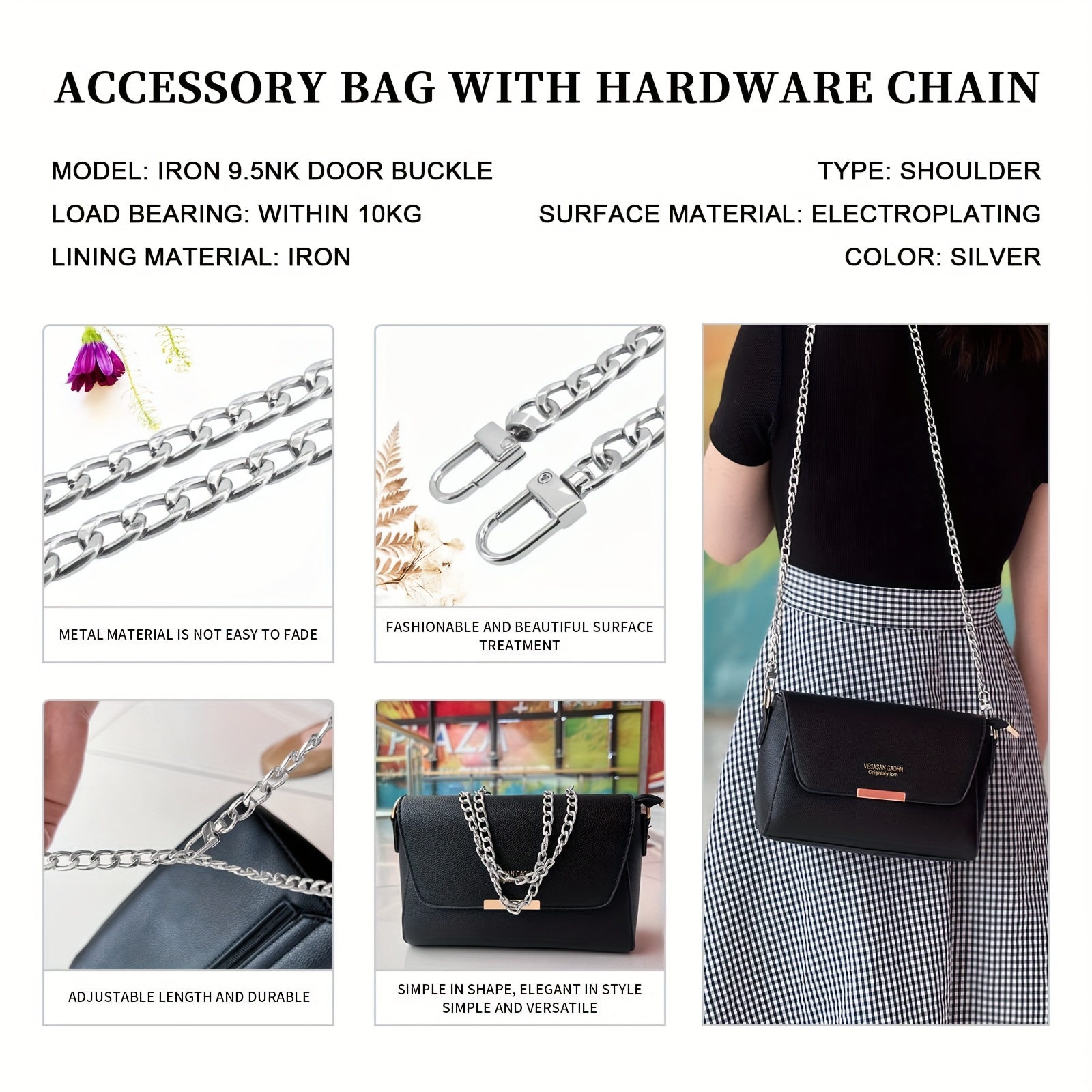 1pc Silver Metallic Chain Fashionable Purse Shoulder Strap Bag  Accessories,DIY Accessories Adjustable,Replacement Shoulder Strap  Stylish,Durable