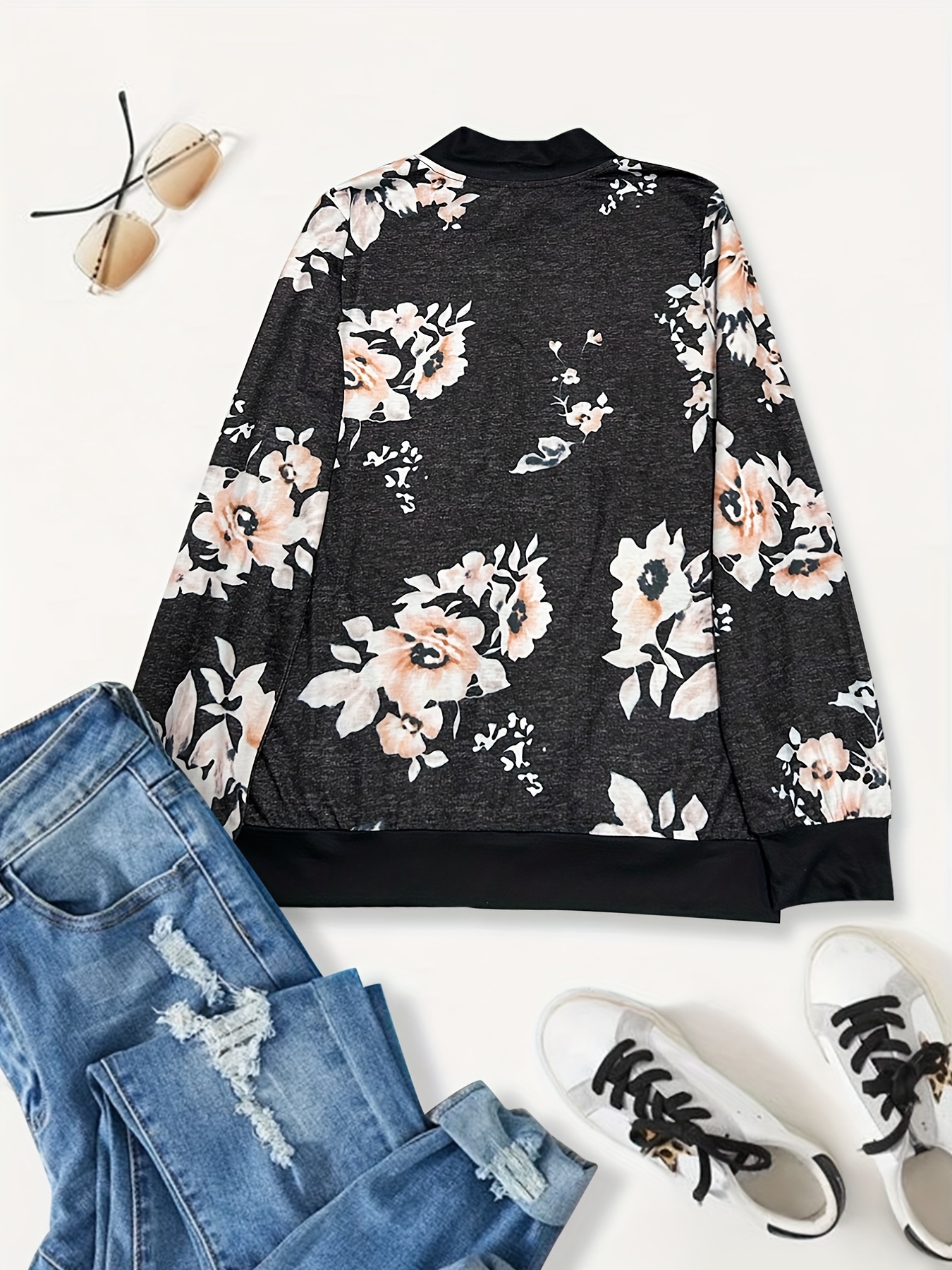 floral print zip up bomber jacket casual contrast trim jacket for spring fall womens clothing