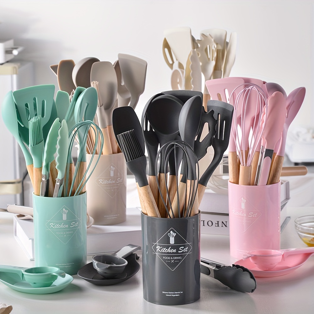 Silicone Kitchen Cooking Utensils Set,11PCS Heat Resistant Kitchen Gadgets  Tools Set,Cute Cartoon Cat Shape Turner Tongs Spatula Spoon Brush Whisk