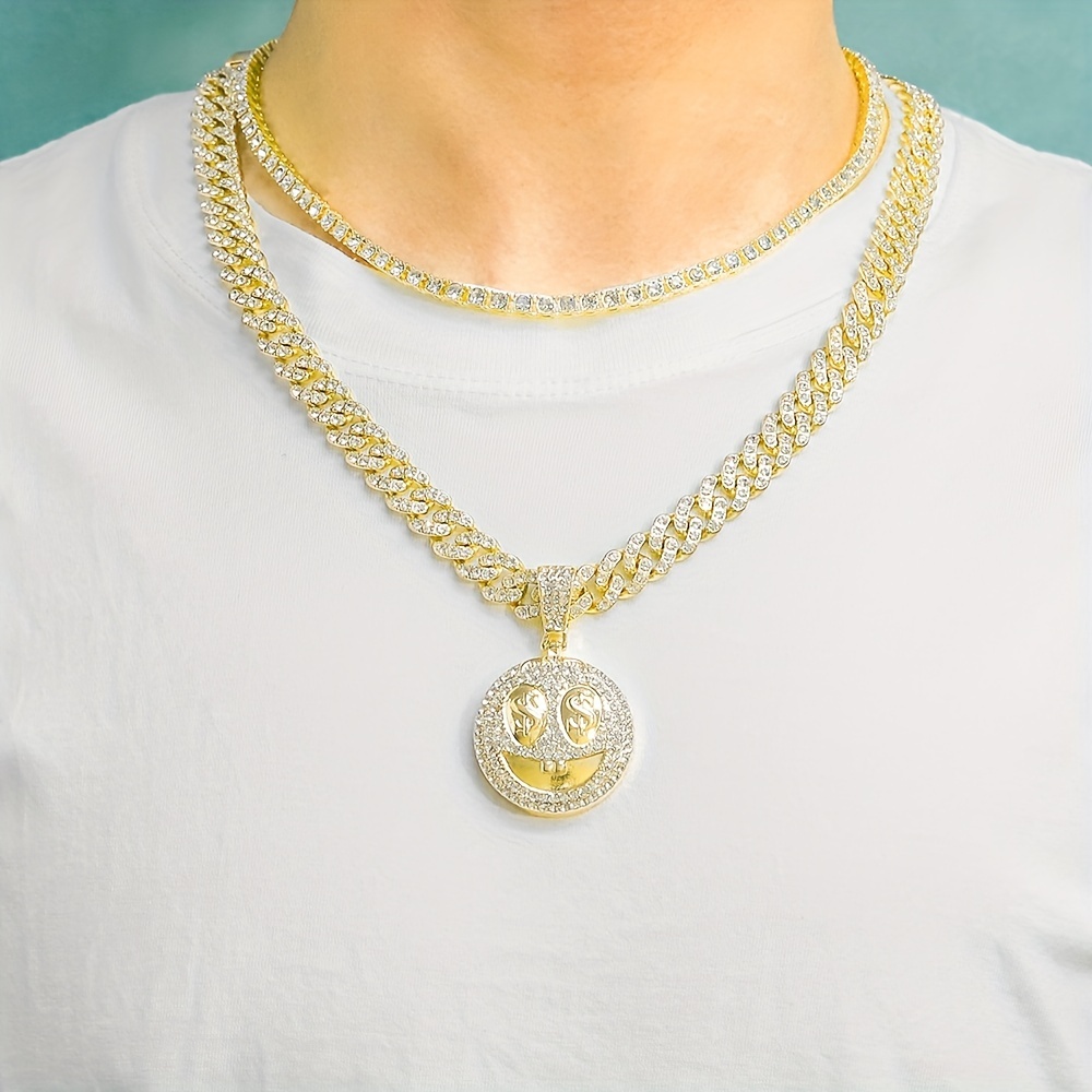 Iced Out Pendant Necklace With Pig Nose Link Chain, Bling Choker