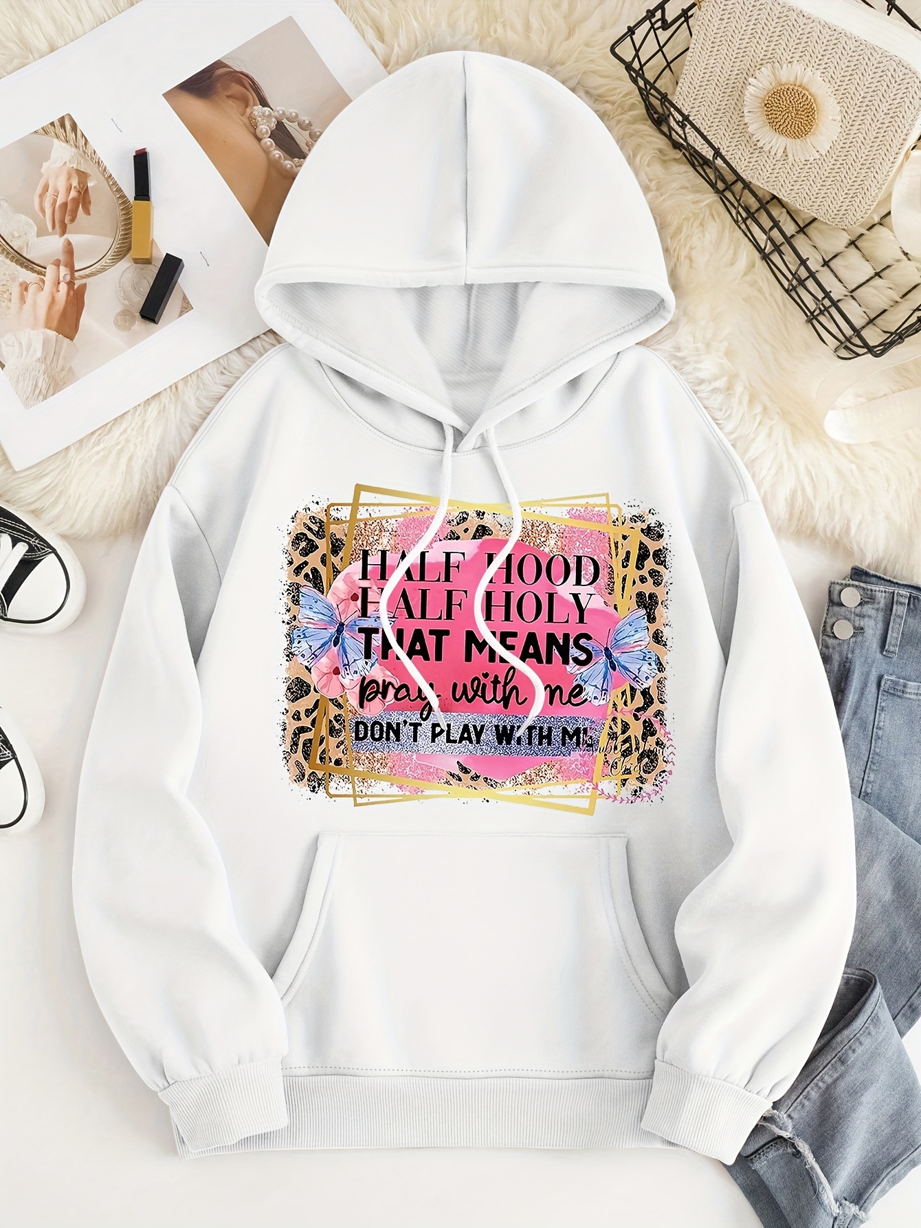 Half Hood Half Holy Print Hoodie Casual Pocket Long Sleeve Temu