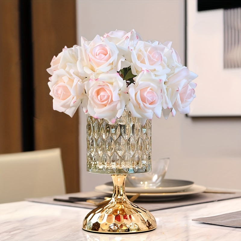 Retro European Style Golden Crystal Glass Carved Vase Artificial Flowers in  Vase Set
