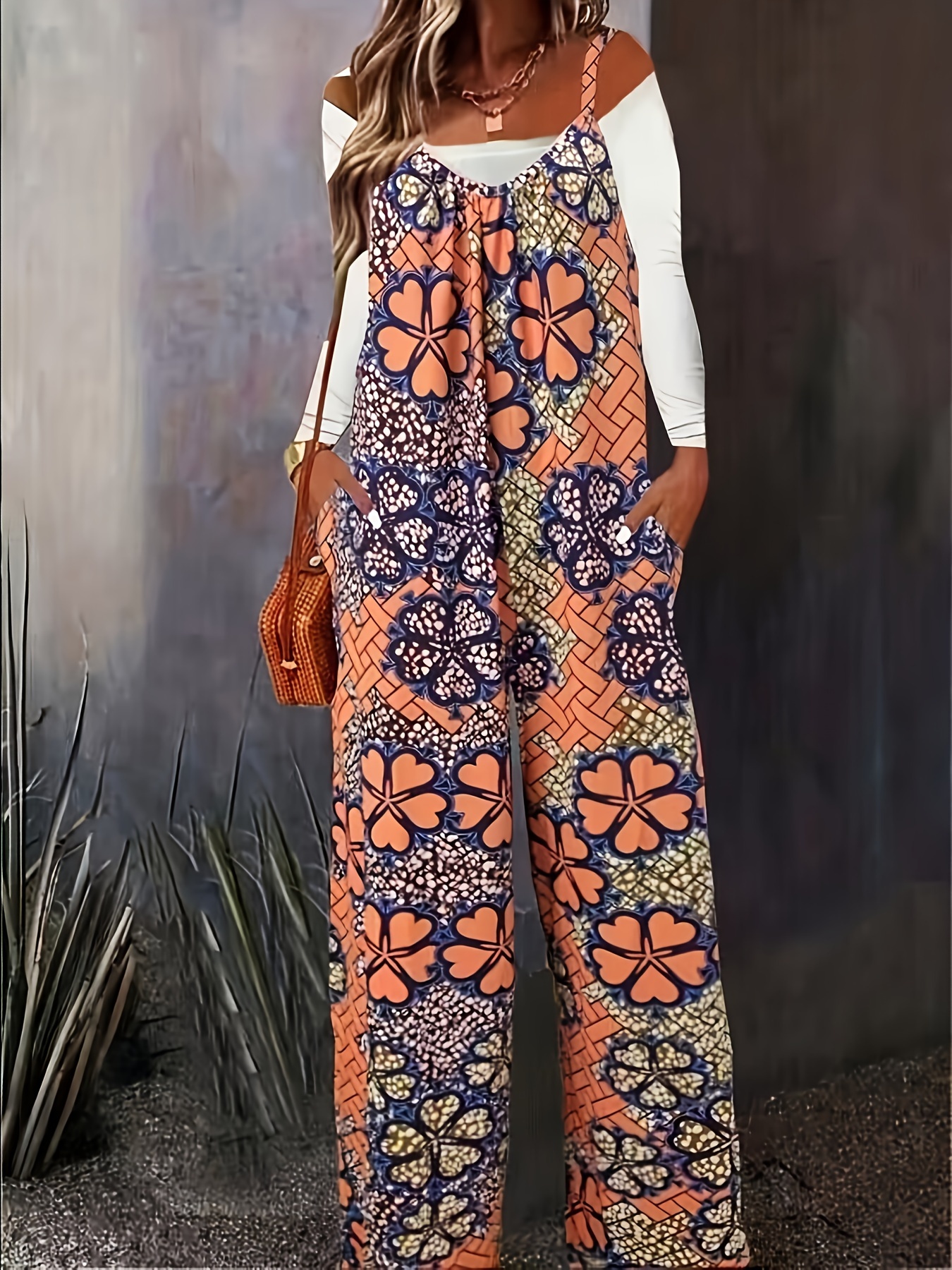 Casual Jumpsuit Plus Size Women S Plus Floral Print V Neck Temu Canada