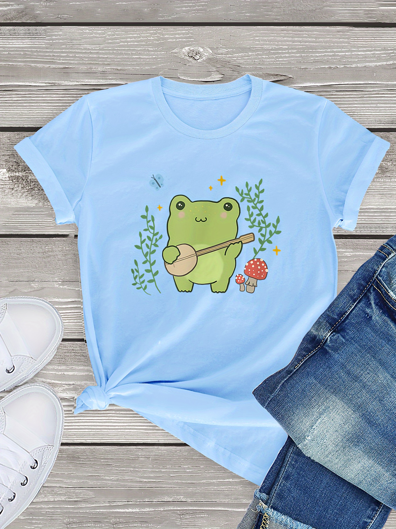 Cartoon Graphic Plants Print Crew Neck Cotton T-Shirt, Blouses, Tee, Women's Frog Print Casual Short Sleeve Spring Summer Women's Clothing T-Shirt