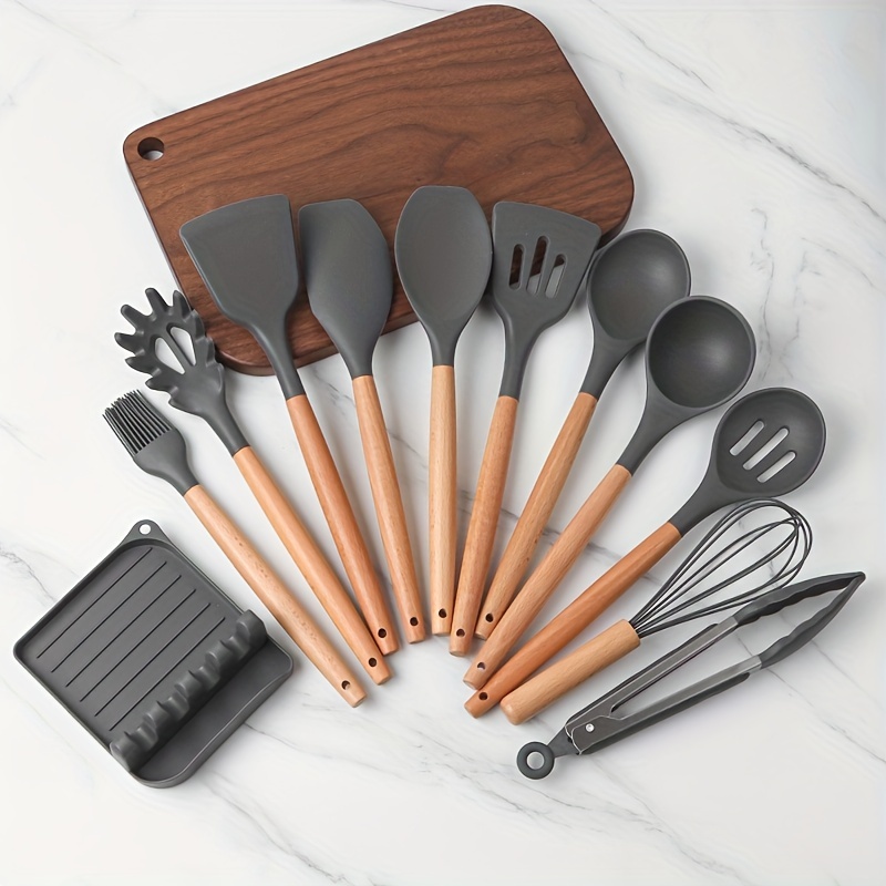 Wooden Handle Silicone Kitchen Utensils Silicone Spoon Shovel Kitchen  Gadgets Set Silicone Kitchen Utensils, School Supplies, Back To School,  Dorm Essentials - Temu