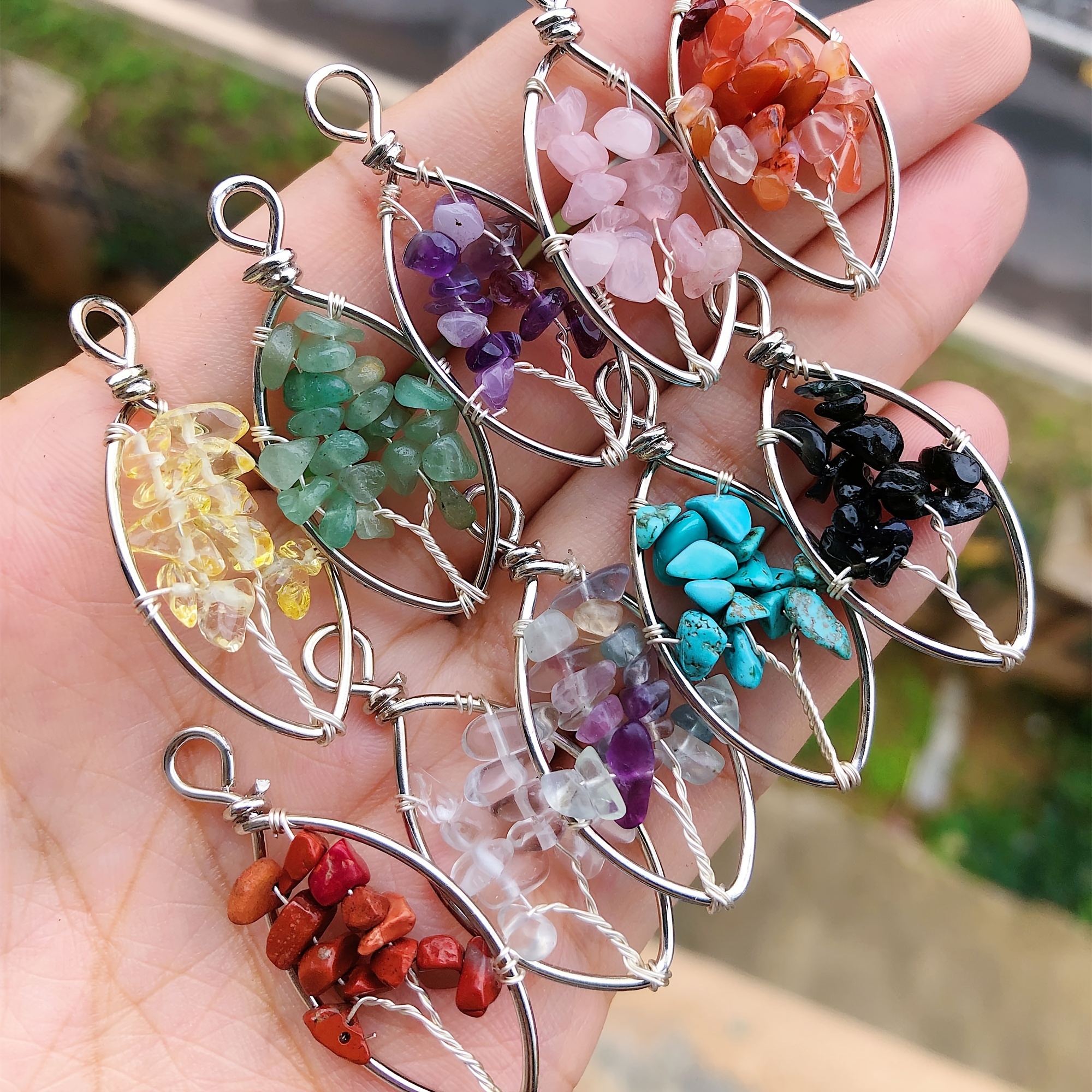 

10pcs Mixed Crystal Decorated Tree Of Life Oval-shaped Pendants For Jewelry Making, Assorted Varieties