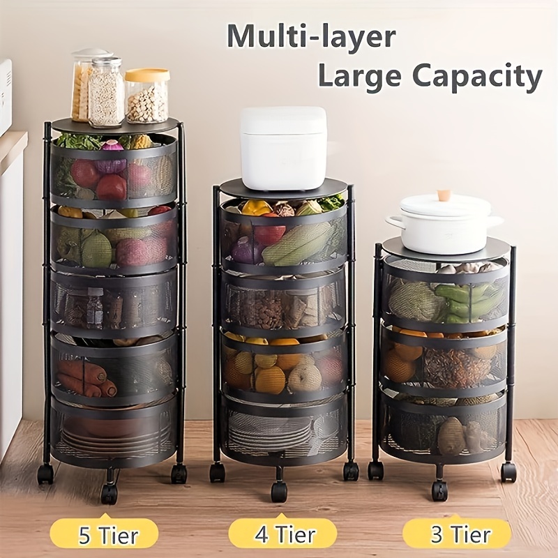 Rotating Kitchen Storage Rack 4 Tier Round Metal Baskets on Wheels  Floor-Standing Fruit and Vegetable Storage Basket Household Storage Rack  for