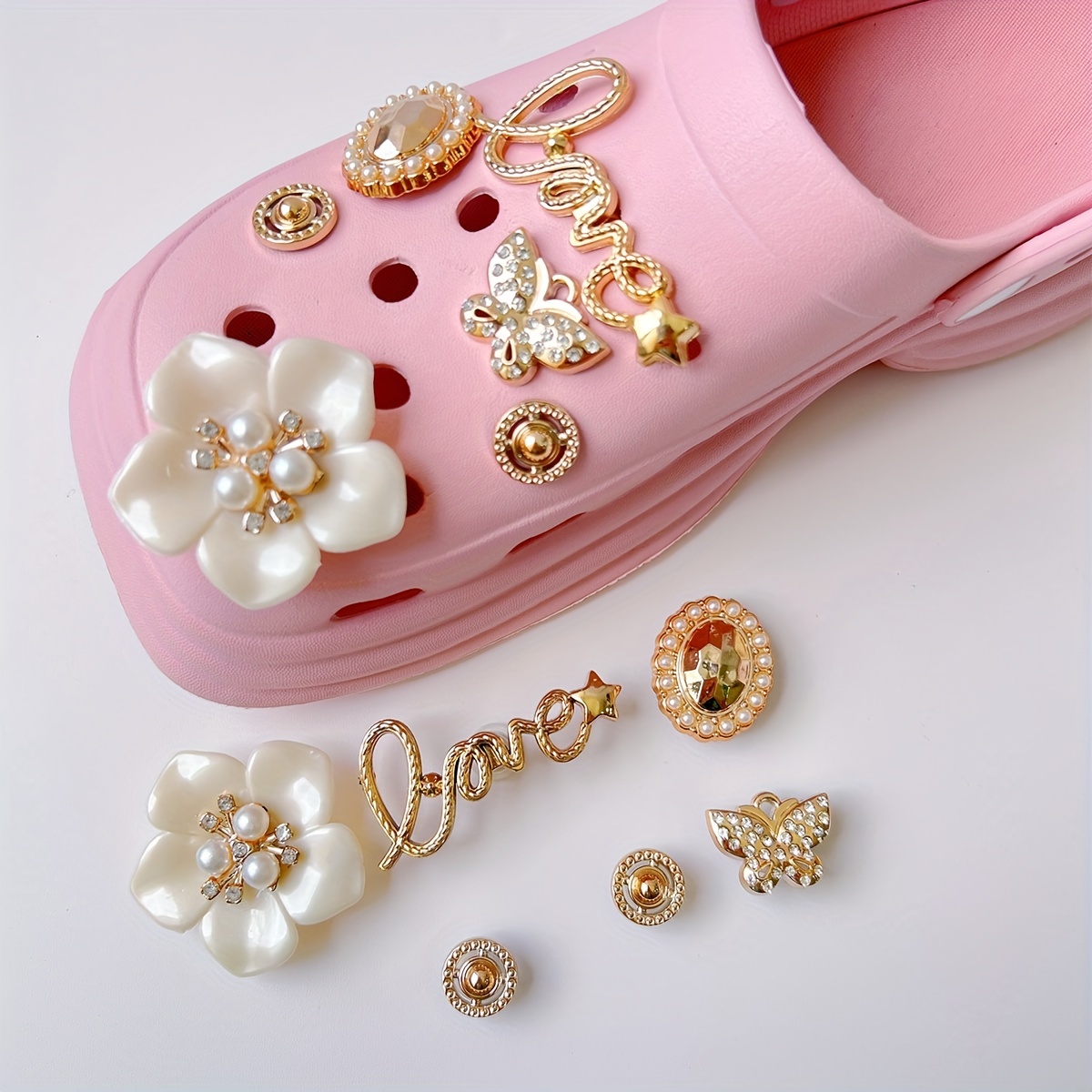 New Arrival 1Pcs English Letters PVC Pink Garden Shoe Charms Sandals  Accessories Simple Shoe Buckle Fit Croc Jibz Charm