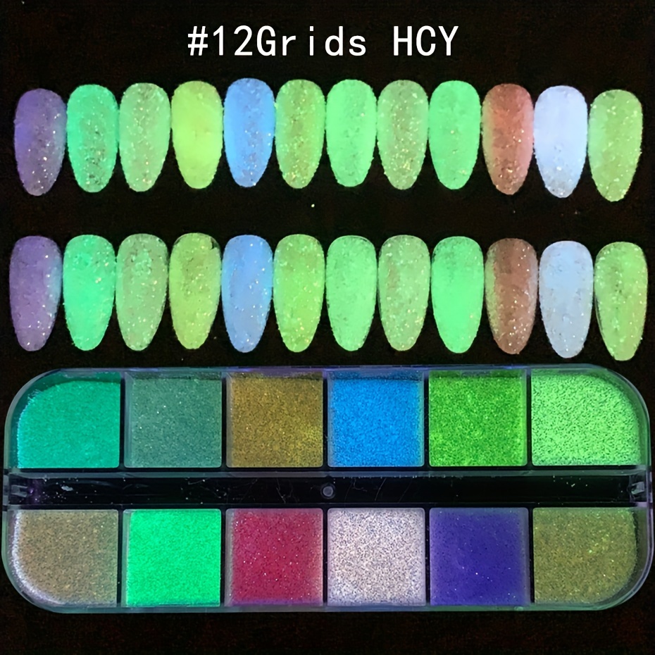 1set 12grids luminous powder nail art decoration luminous pigment nail diy nail powder details 2