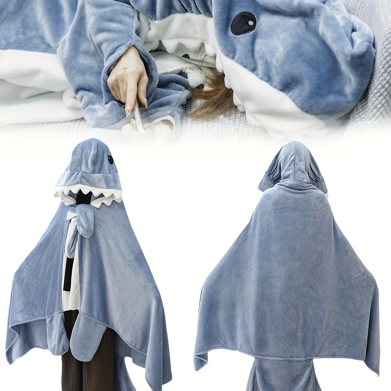  Manta de tiburón saco de dormir súper suave y acogedor de  franela con capucha de tiburón saco de dormir con cola de tiburón manta de  forro polar, Azul : Hogar y