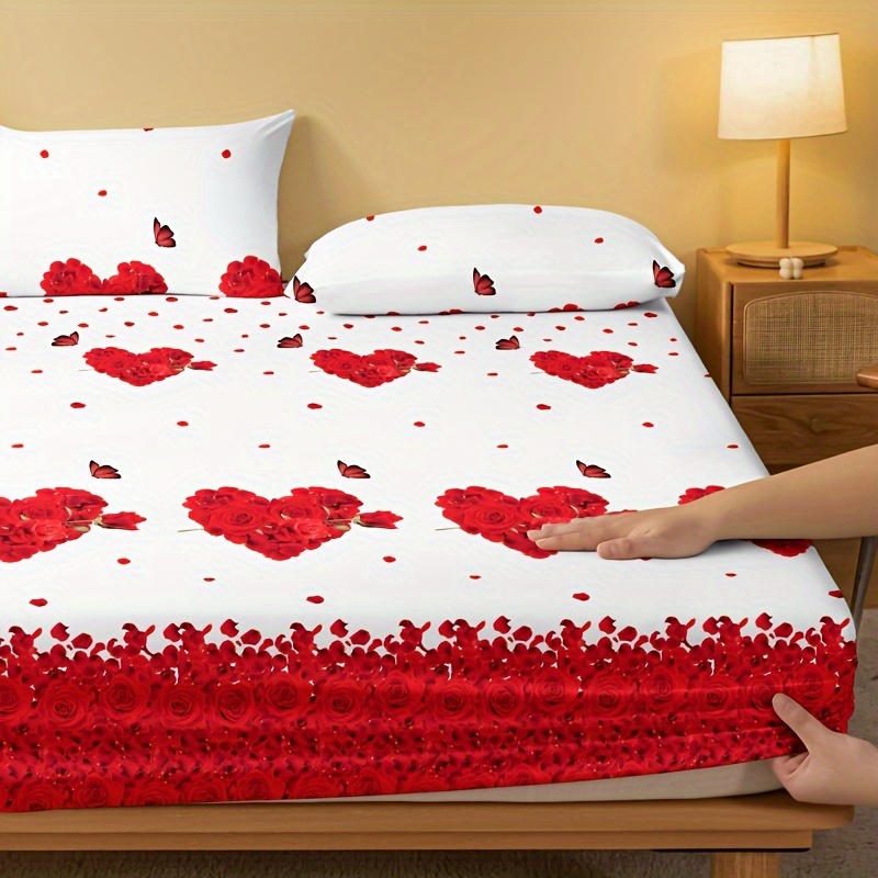 Fitted Sheet (without Pillowcase), Red Heart Print Bedding Sheet