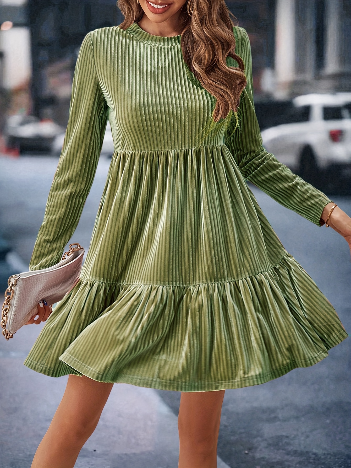 Long Sleeve Dress Green Mini Dress Casual Solid Ruffle Hem Mini