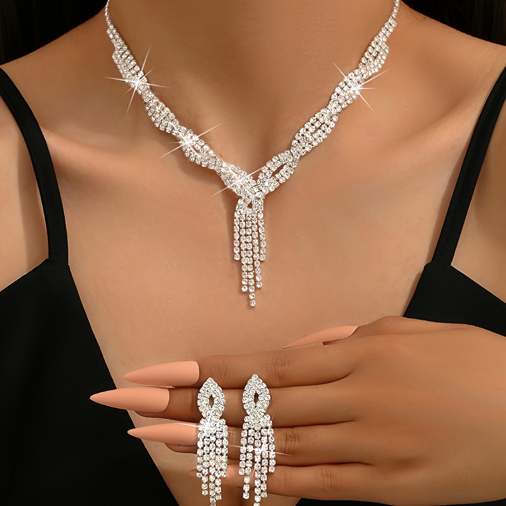  3 Pack Rhinestone Crystal Choker Necklace Link Bracelet  Teardrop Dangle Earrings Jewelry Sets for Women Girls Wedding Party:  Clothing, Shoes & Jewelry