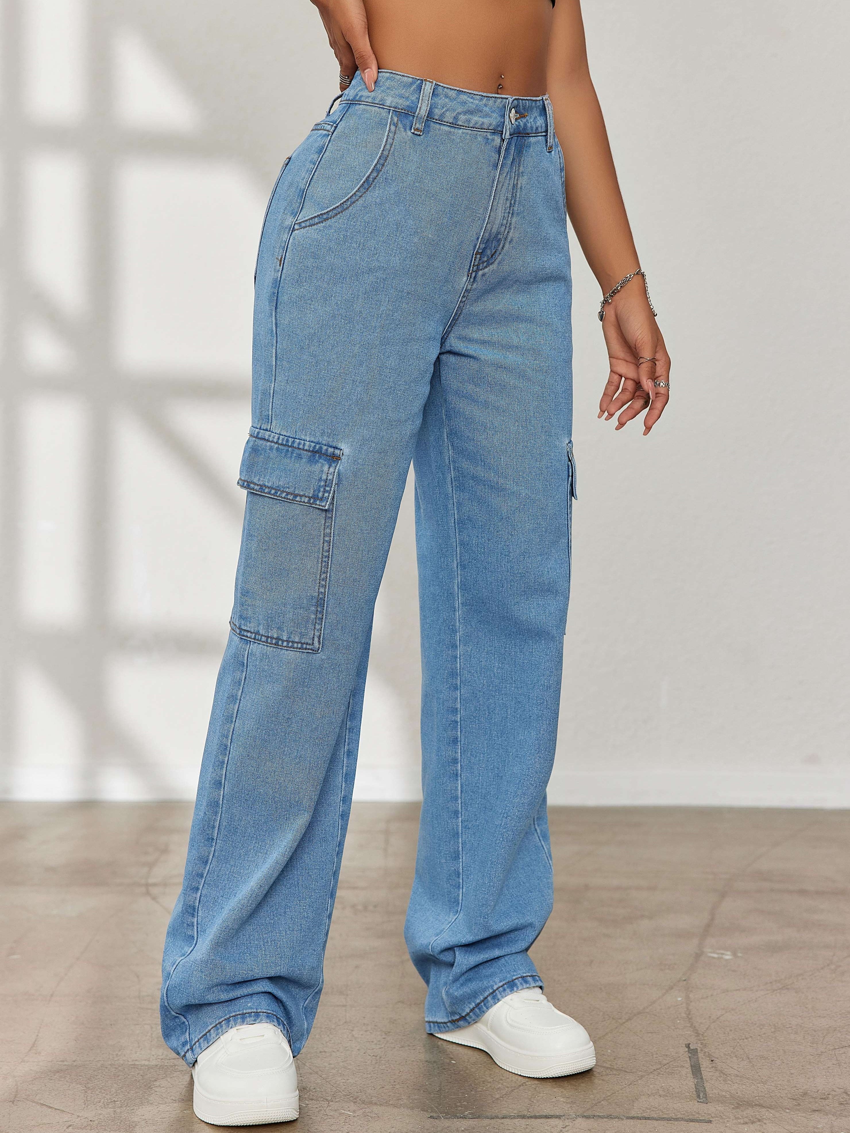 Plain High Waist Cargo Pants, Loose Fit Flap Pockets Y2K & Kpop Style  Straight Jeans, Women's Denim Jeans & Clothing