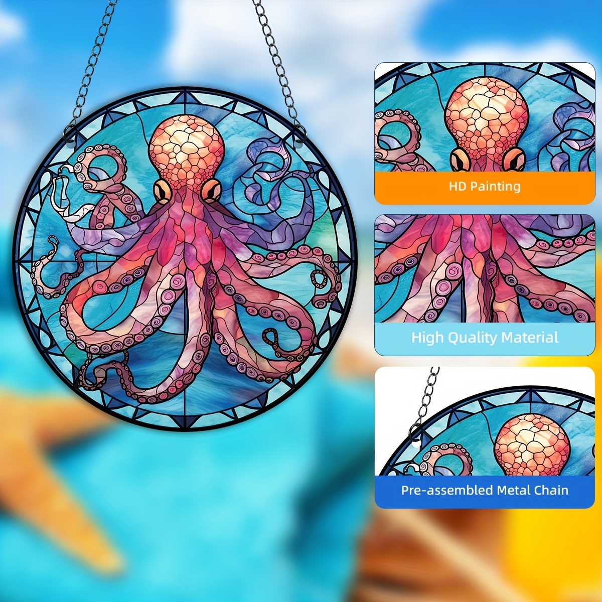 1pc, Octopus Suncatcher, Fenêtre En Vitrail Coloré, Panneau