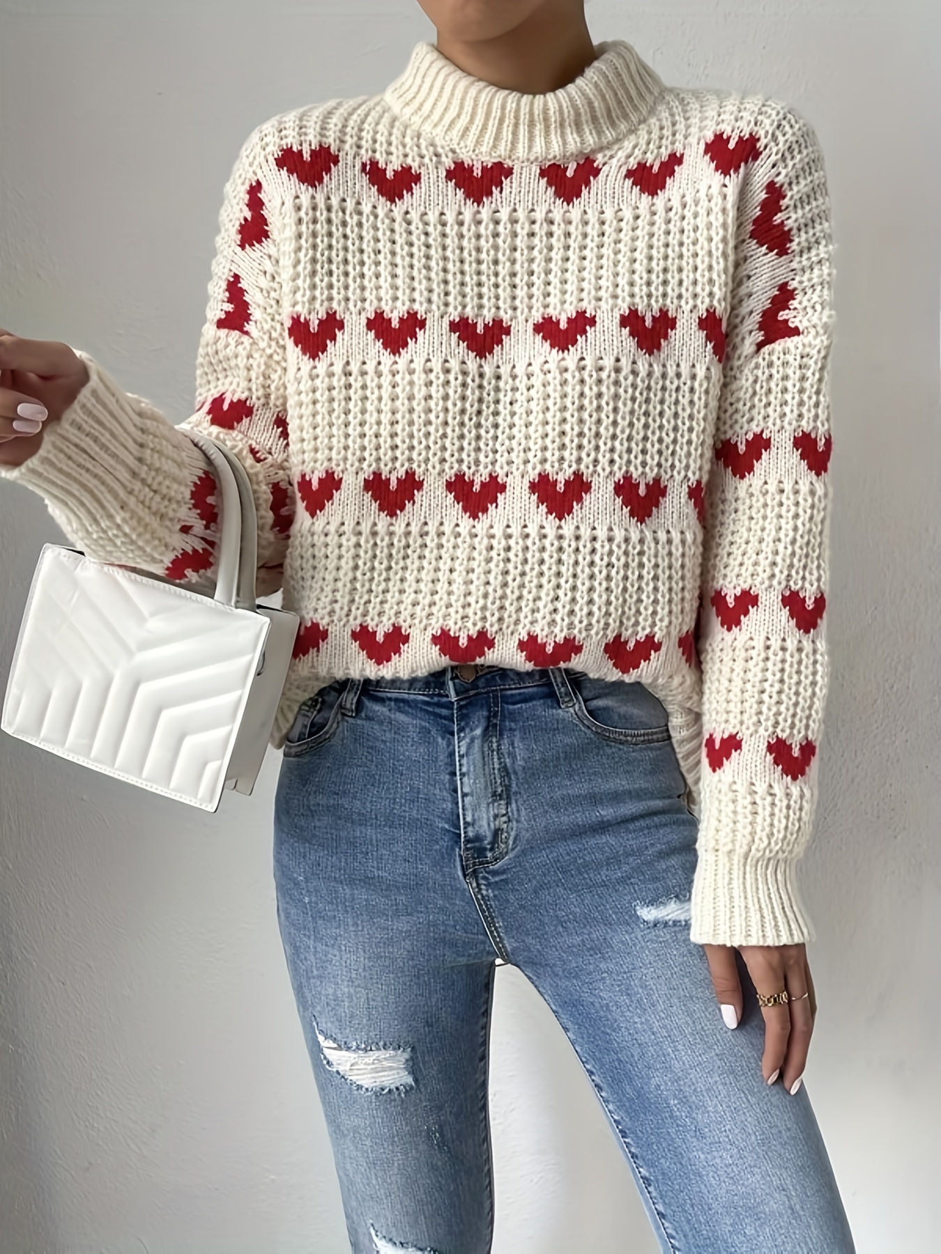 Heart Pattern Turtle Neck Pullover Sweater, Casual Long Sleeve Fall Winter  Sweater, Women's Clothing - Temu