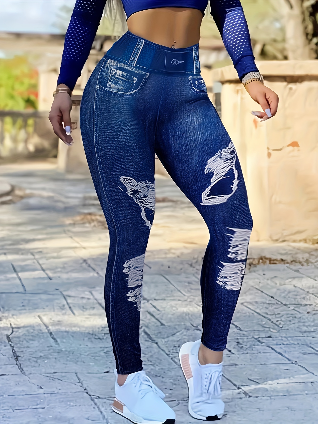 Plus Size Fake Jeans Denim Leggings for Women High Waisted Tummy Control  Yoga Pants Stretch Workout Running Tights