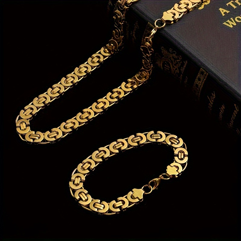 

11mm Wide Fashion Stainless Steel Men's Golden Necklace Bracelet Flat Section U-shaped Handmade Chain