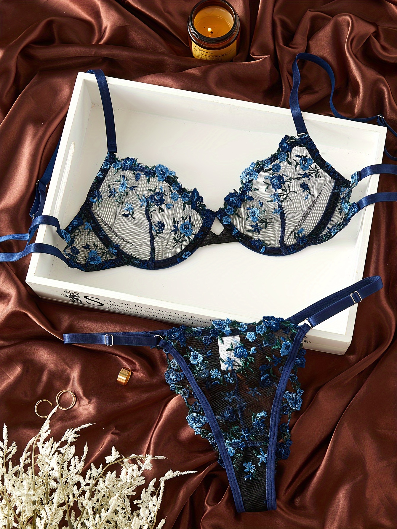 Hot Floral Embroidery Lingerie Set Hollow Bra G string - Temu