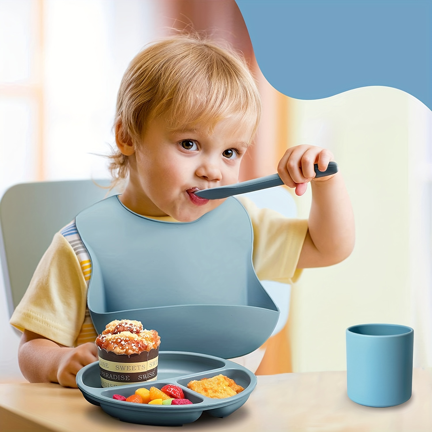 Baby Feeding Utensils Set, 7-Piece Silicone Toddler Supplies - Adjustable