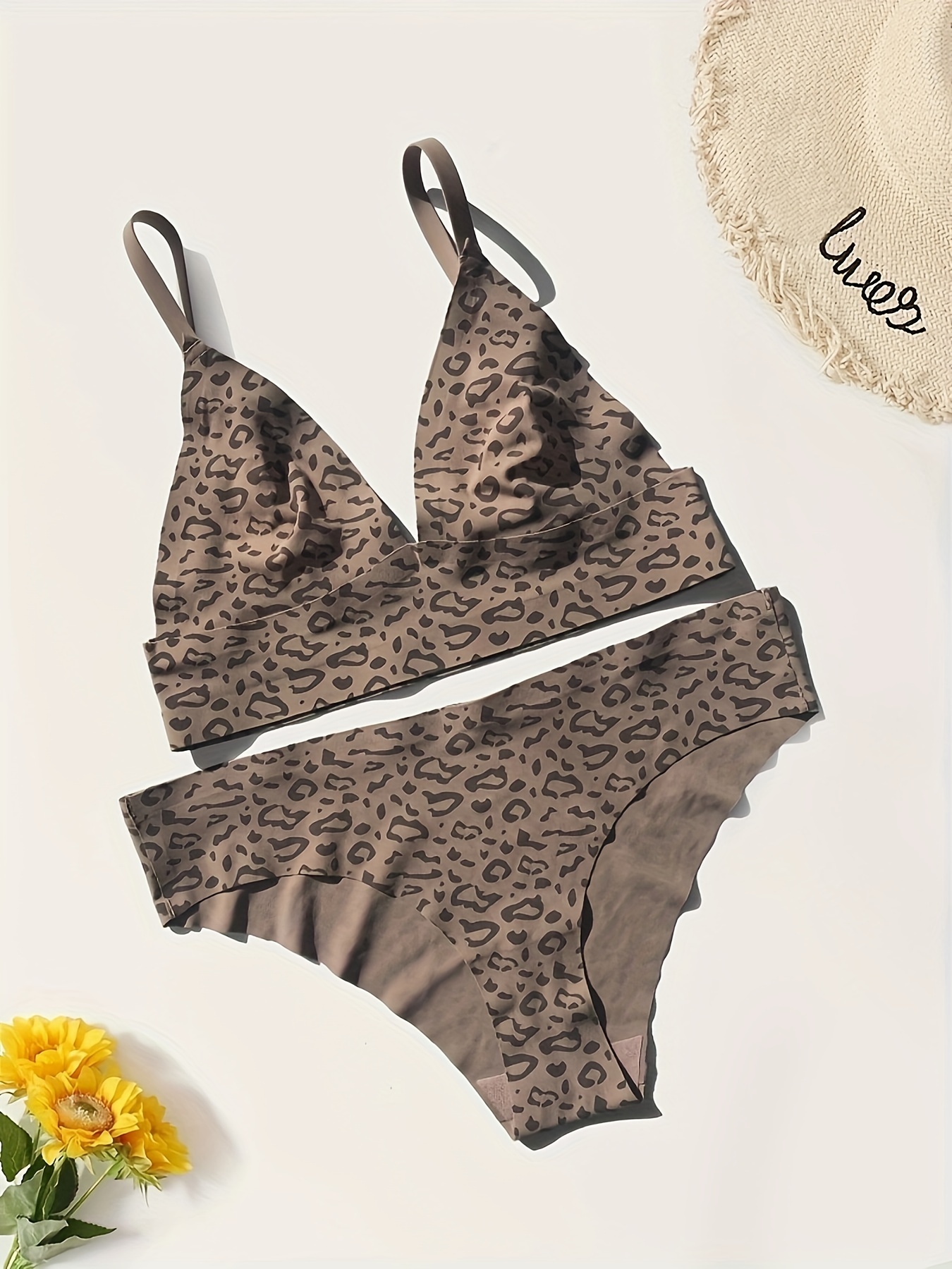 Dgoopd Leopard Print Bra and Panties Set Sexy Wireless Bra and Panty Sets  for Women V Neck No Underwire Two Piece Lingerie at  Women's Clothing  store