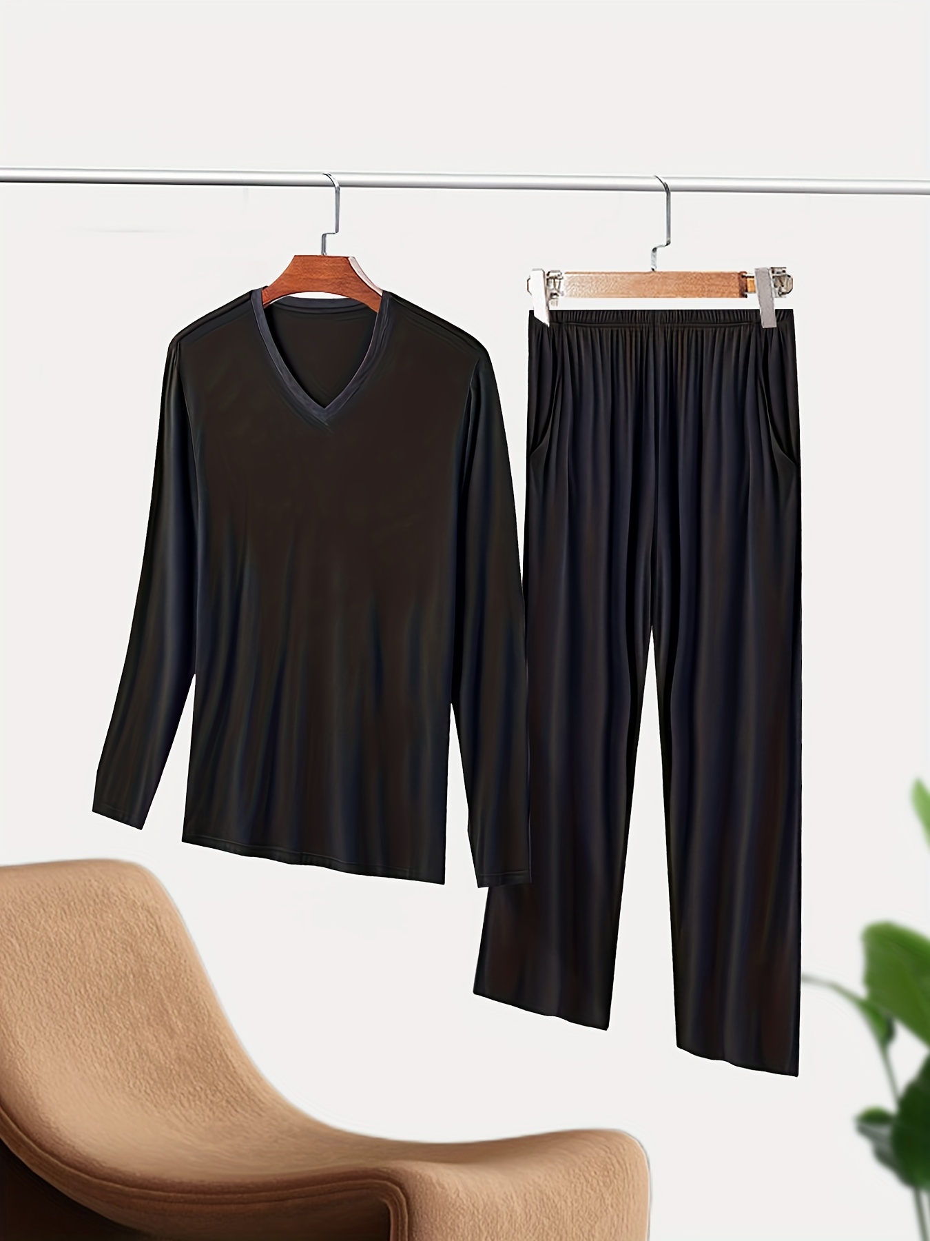 Men's Pajama Set Long Sleeve V Neck Nightwear Loungewear - Temu Canada