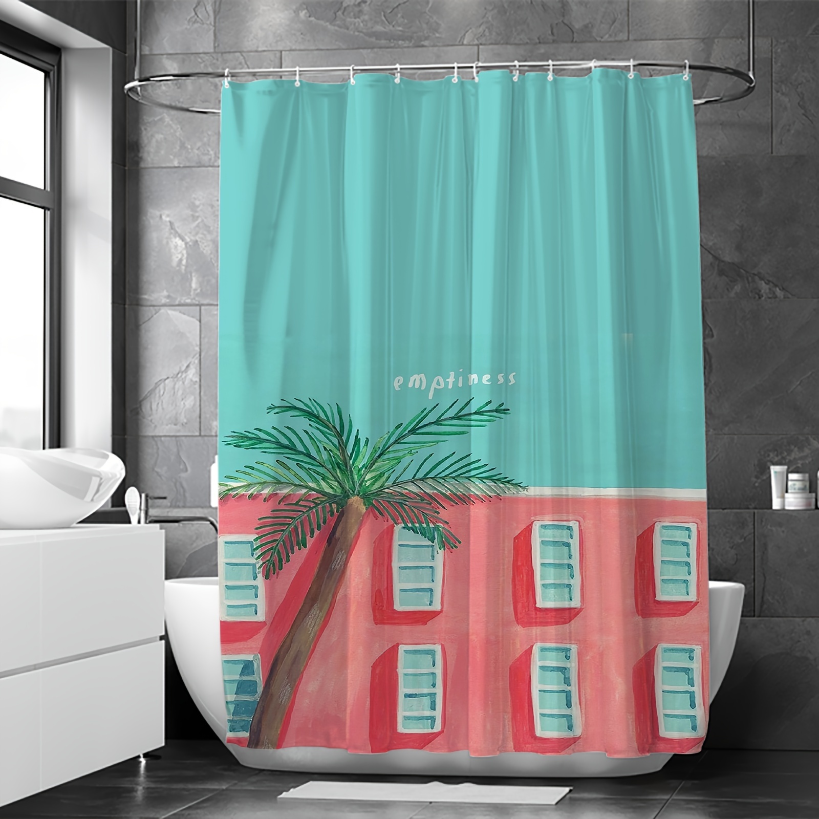 4pcs Seaside Castle Pattern Shower Curtain Set, Bathroom Rug, U-Shape Mat,  Toilet Lid Pad, Waterproof Curtain With 12 Hooks, Aesthetic Bathroom Decora