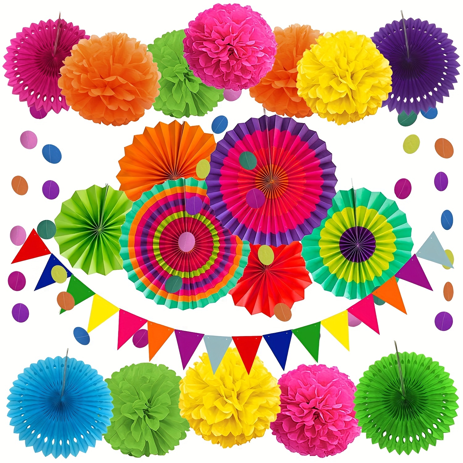 

20-piece Colorful Fiesta Paper Fan & Tissue Paper Pom Pom Set - Perfect For Birthday, Wedding, Fiesta, Or Mexican Party Decorations! Easter Gift