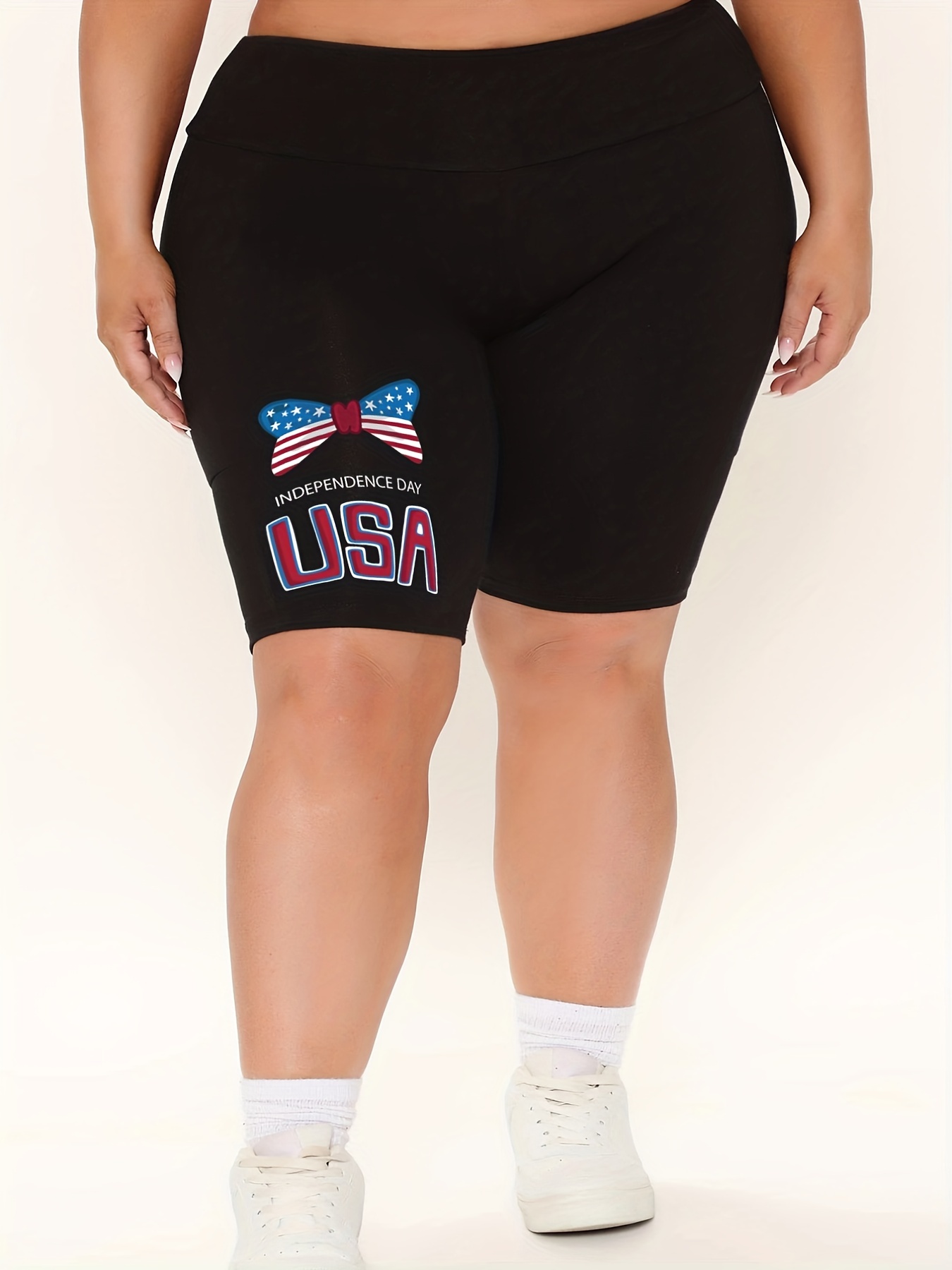 Women's Plus Size Flag Pattern Bow & Letter Print High Rise Slim Fit Biker Shorts