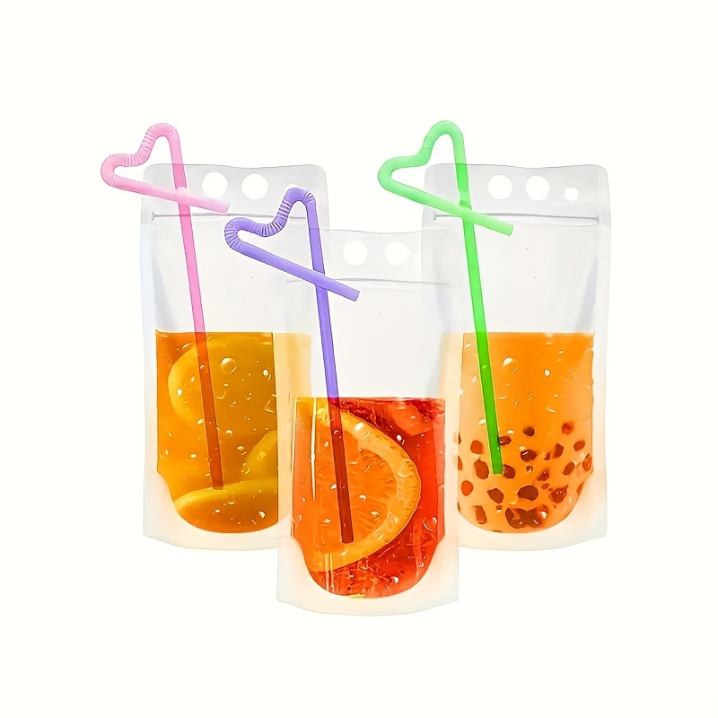 100 PCS Drink Pouches for Adults, Reusable Drink Pouches with 100 Straws  Funnel, Heavy Duty Stand-up Juice Pouches Plastic Smoothie Drink Bags for