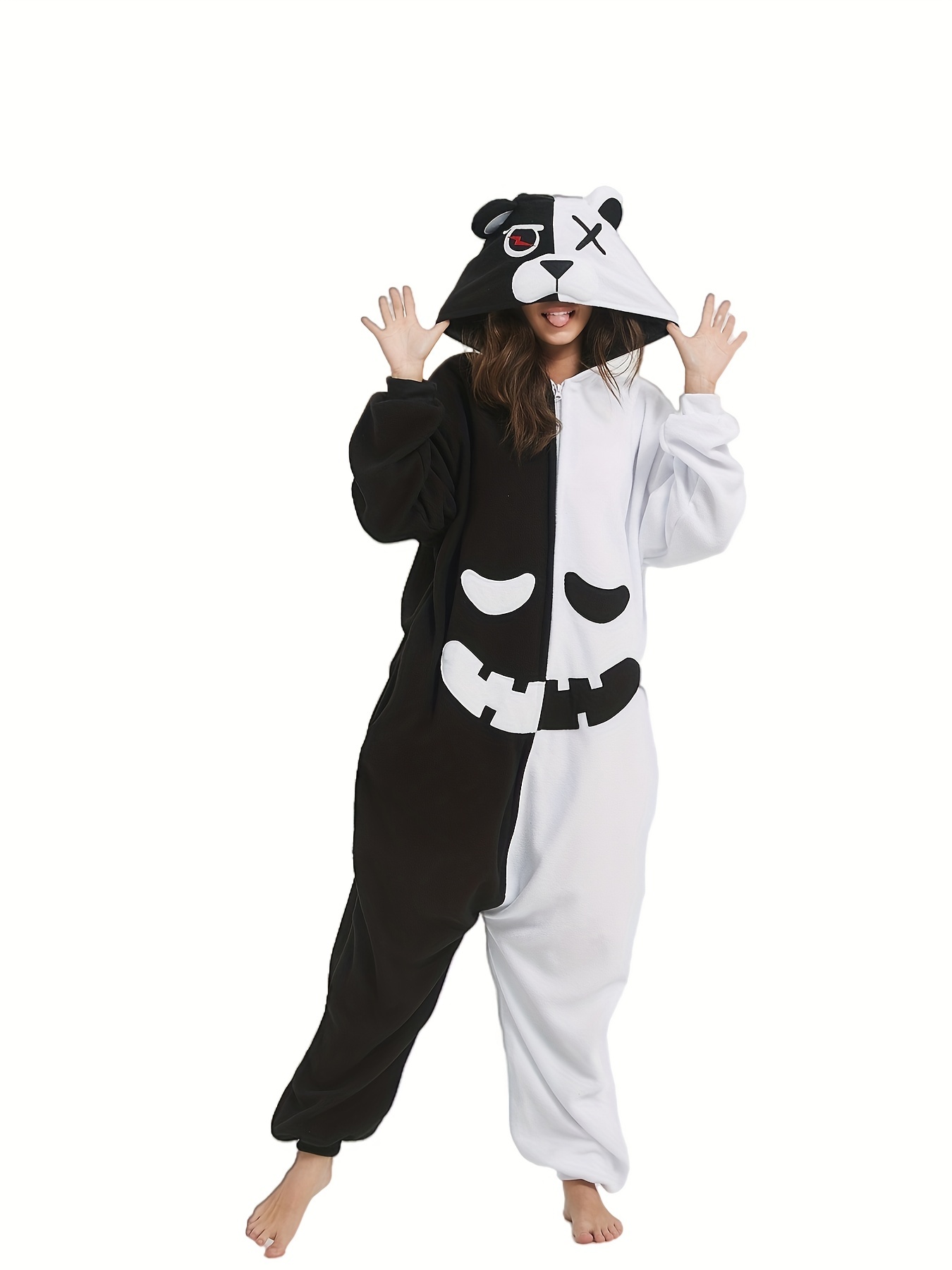 cartoon bear pajama jumpsuit for music festival comfy cute hooded long sleeve zipper pajamas womens sleepwear loungewear