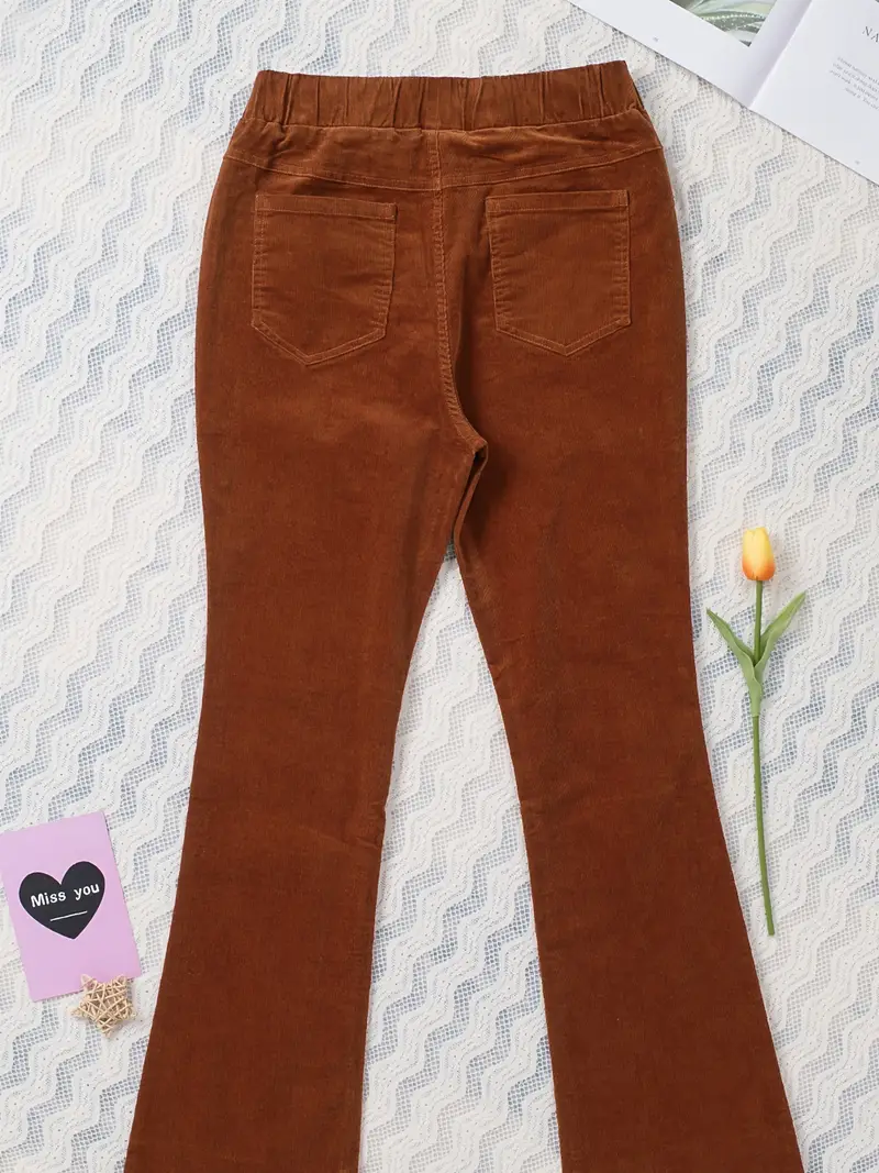 Elastic Band Corduroy Fabric Bootcut Jeans Solid Color Wide - Temu