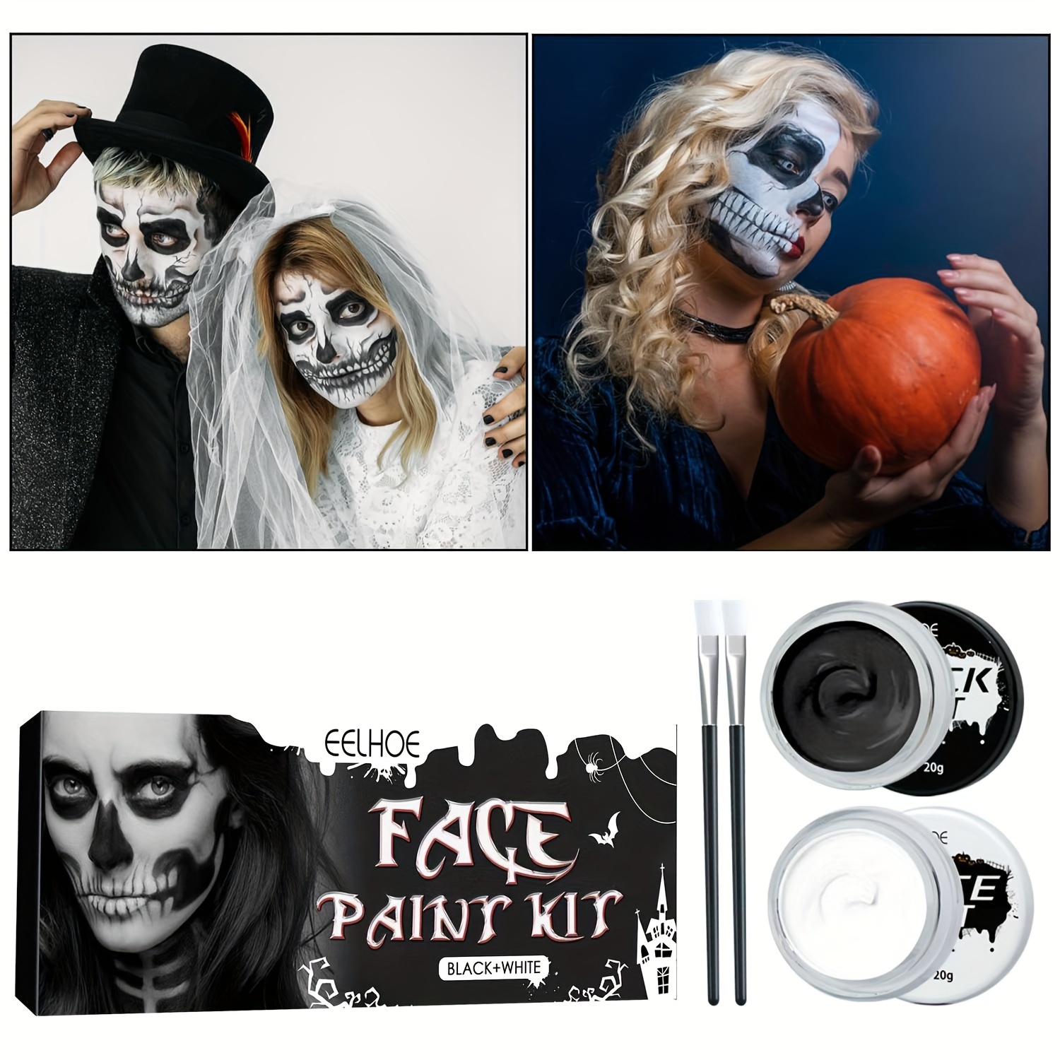 Halloween Face Body Paint Kit Black & White Face Makeup Set Pigment Safe  For Kids Adults Party Cosplay Clown Skull Ghost