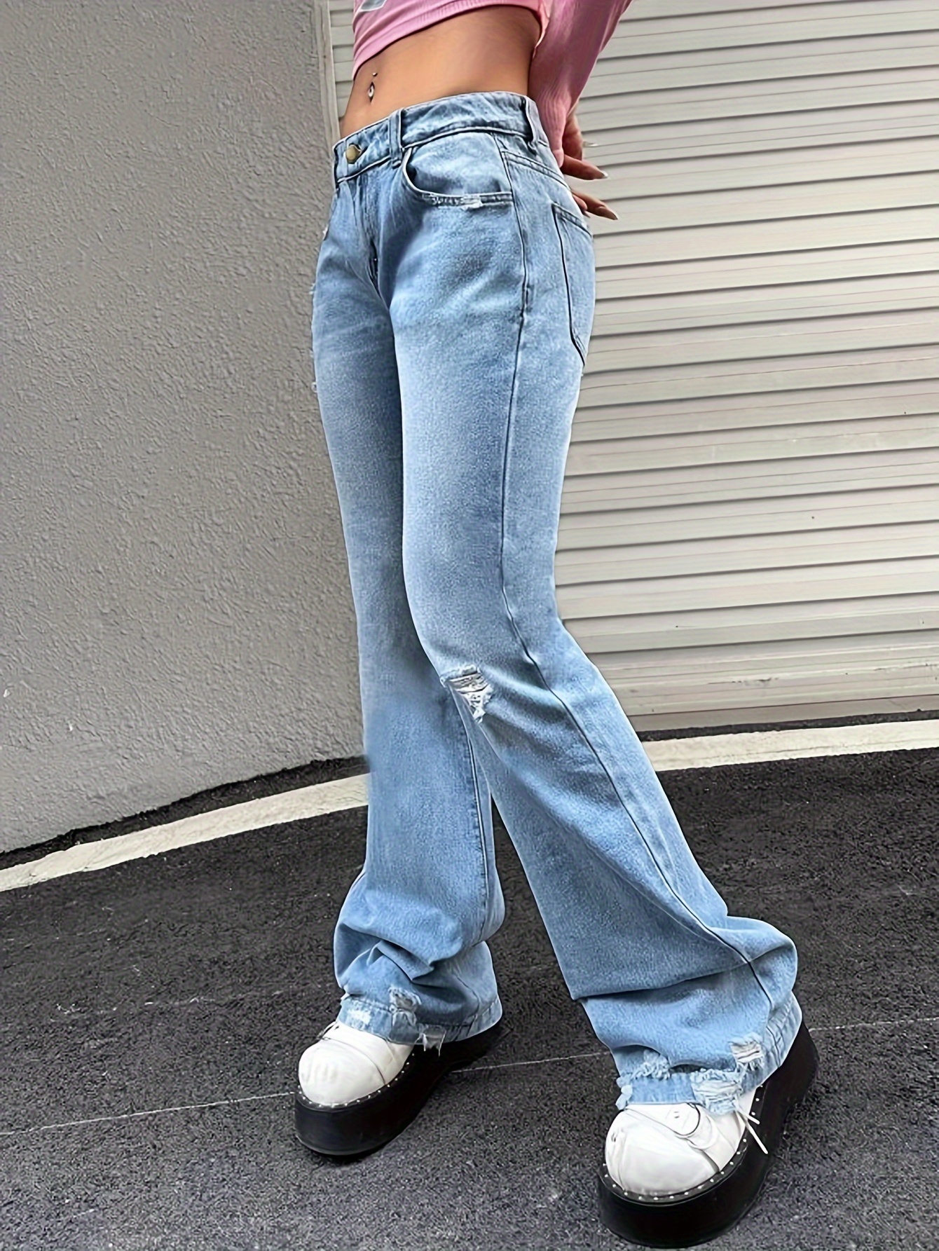 Pants Elastic Jeans Bottom Loose High Trousers Hole Denim Pocket