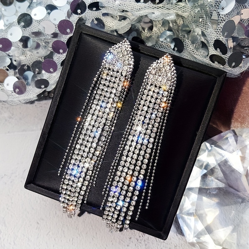 Image of Western Fashion Rhinestone Geometric Triangle Earrings Western Fashion Long Tassel Ear Drop Influencer Trendy Individual Ear Jewelry Women