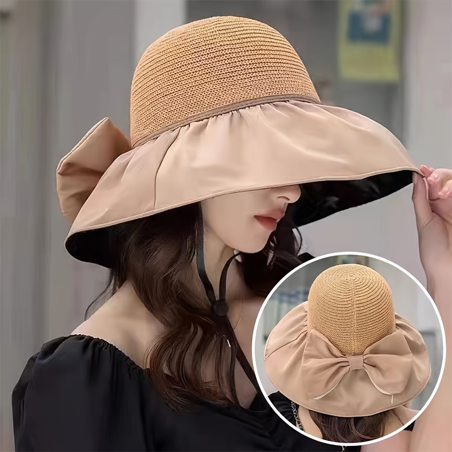 Women's Outdoor Sun Hats, UV Protection Foldable Sun Hats, Mesh Wide Brim  Sun Hats, Beach Fishing Straw Hat with Floral Bow