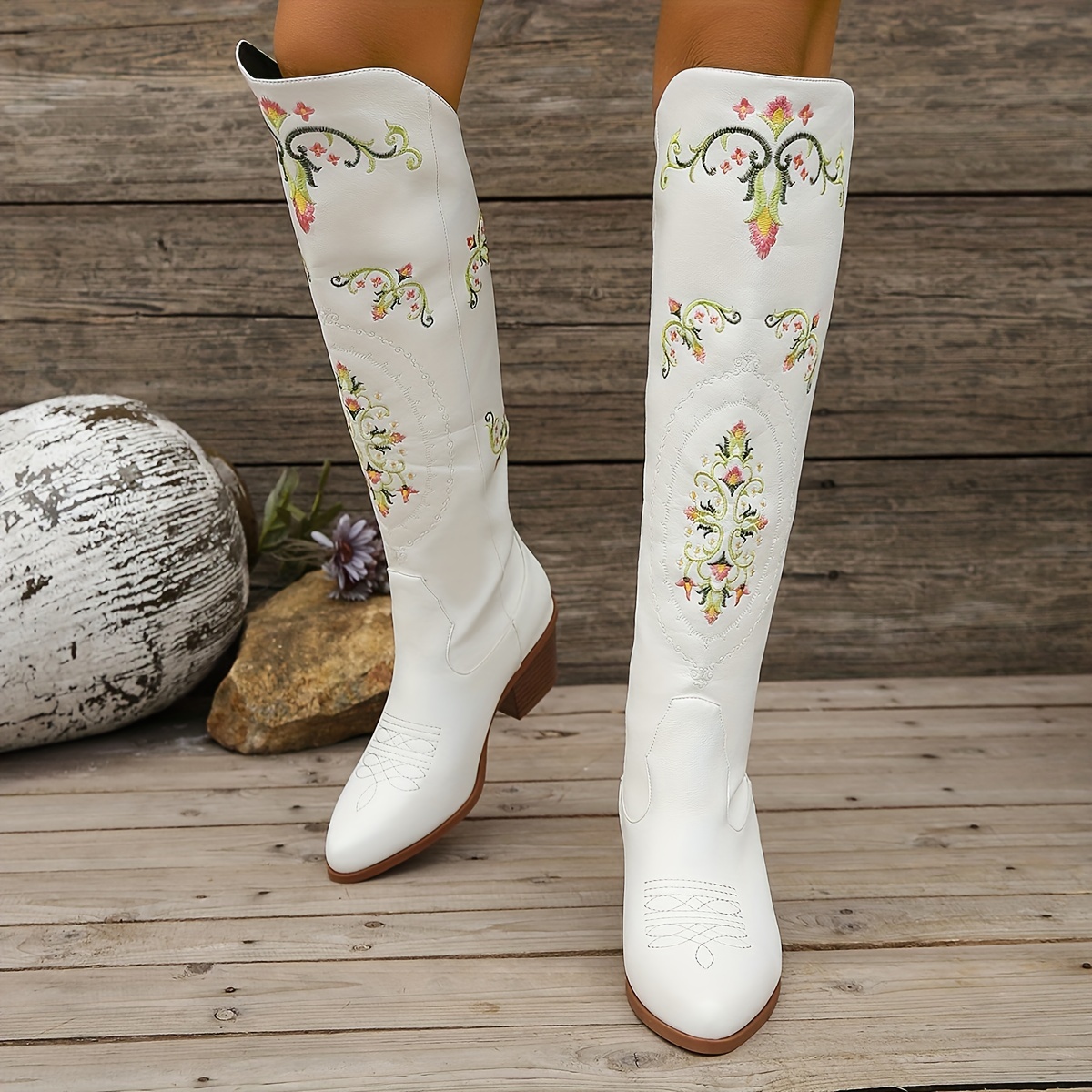 Women's Floral Embroidered Boots Slip Casual Chunky Heel - Temu