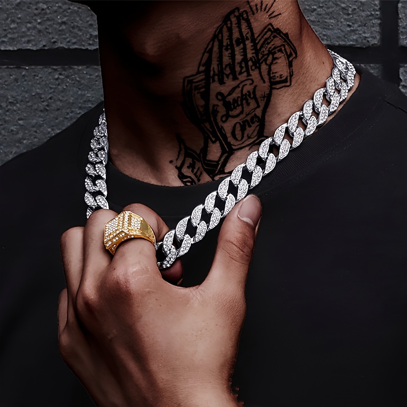 

1pc New Men's Cuban Link Iced Out Necklace Golden Silver Color Chain Paved Artificial Rhinestones Rapper Cz Cuban Chain Necklace Hip Hop Artificial Jewelry Gift