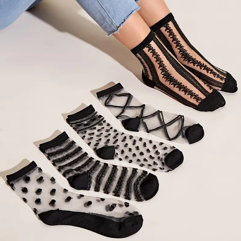 5 Pairs Lace Semi-Sheer Crew Socks, Cute & Comfortable Mesh Stockings, Women's Socks & Hosiery,Temu